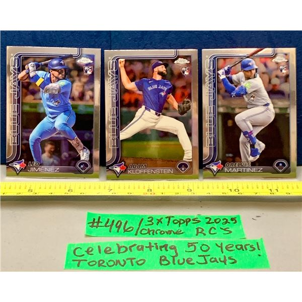 MLB Baseball Card - Toronto Blue Jays 3 x Topps Chrome Rookie Cards: Jimenez; Kloffenstein; Martinez