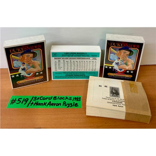 MLB Baseball 3 x Sealed Donruss Card Blocks from 1983 Set & BONUS Hank Aaron Puzzle Card Set!