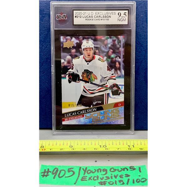 NHL HOCKEY - UD Exclusives RARE #015/100 Lucas Carlsson Young Guns Rookie Card KSA 9.5
