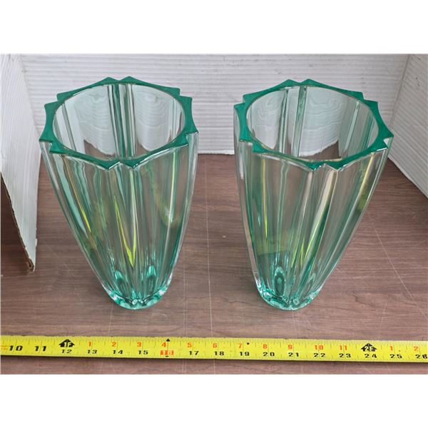 2 heavy green vases-8"H