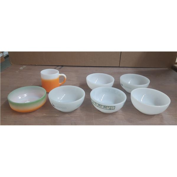 (3) Termocrisa Soup Bowls , (2) Fire King Soup Bowls, (1)  Ovenware Cup and Soup Bowl.