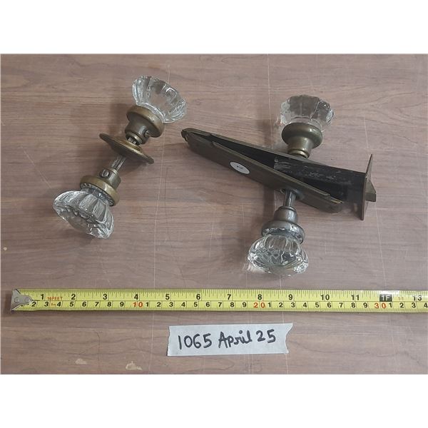 (2) Antique Glass Door Knobs One with One Has Latch and Side Plates.