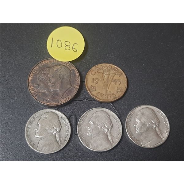 1867-1927 Canadian Confederation Medal, 1943 Canada Five Cent & 1942, 1963, 1964 U.S.A. Five Cents.