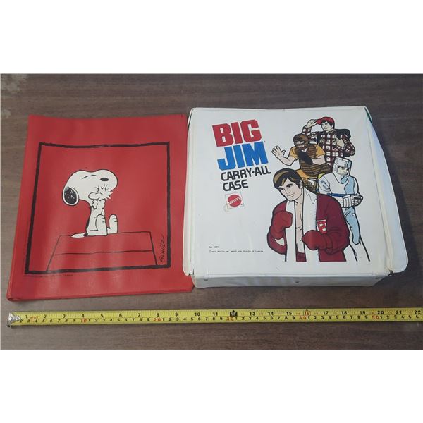 Vintage 1973 Mattel Big Jim Vinyl Carry-All Case accompanied by a Snoopy Folder.