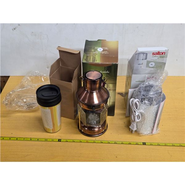 New northern light candle lantern, new coffee / spice grinder, and new small coffee mug