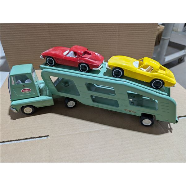 Vintage Tonka Truck w/ Automotive Transport and (2) Plastic toy Cars