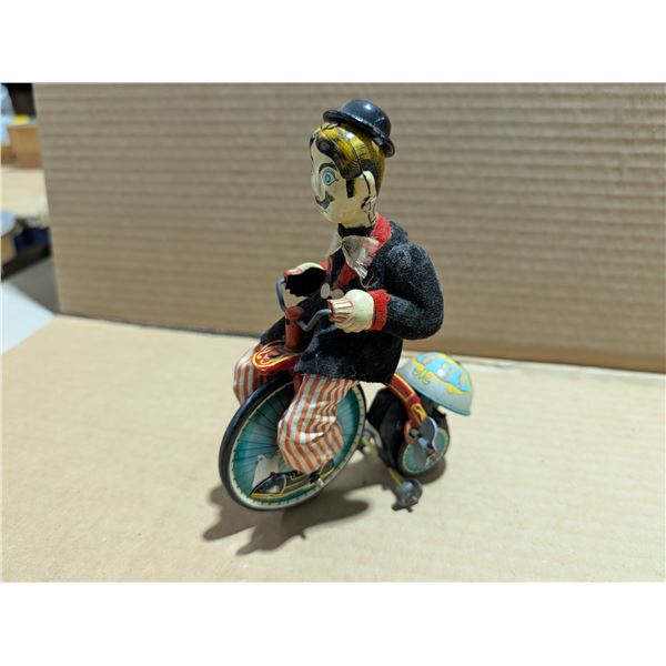 Vintage Made in Japan Charlie Chaplin Inspired Man on Tricycle Wind Up Toy
