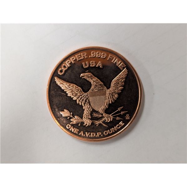 Triceratops Copper .999 Fine USA One A.Y.D.P. Ounce Coin