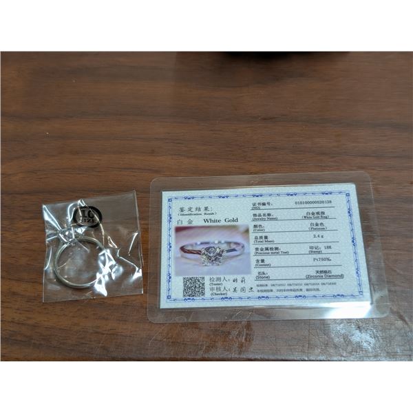 White Gold Platinum 2.4g 18K 750% Zirconia Diamond Ring w/Certificate