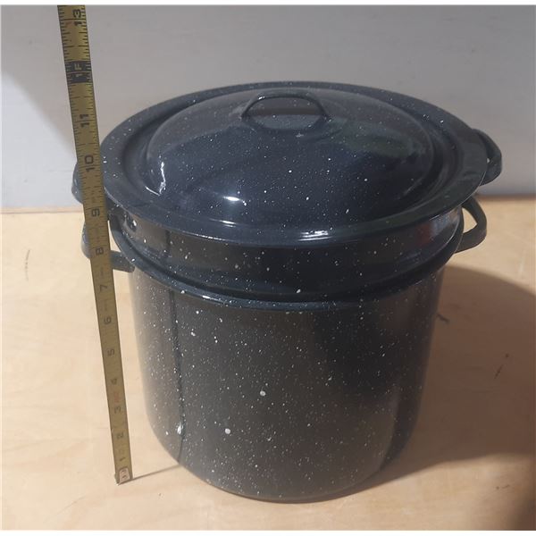Vintage Granite Ware 3-in-1 enameled steel stock pot with blancher and lid.