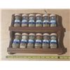 Image 2 : Vintage Blue Ribbon wooden spice rack featuring 12 glass spice jars with spice. (One is Empty)