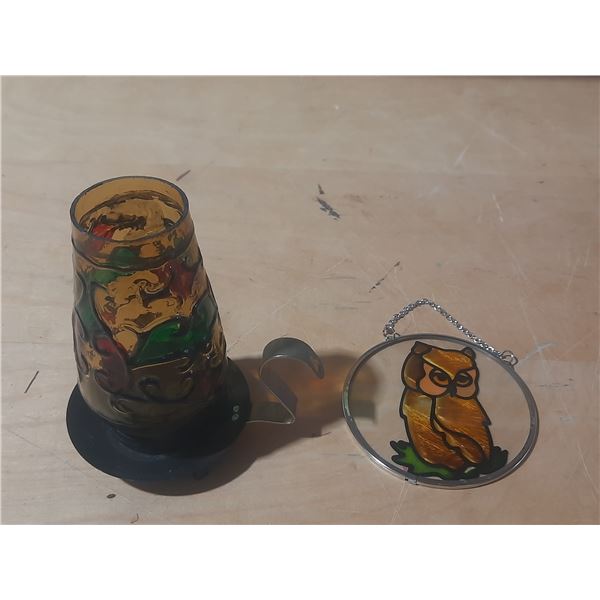 Vintage miniature amber glass oil lamp and Vintage stained glass suncatcher ornament depicting an ow