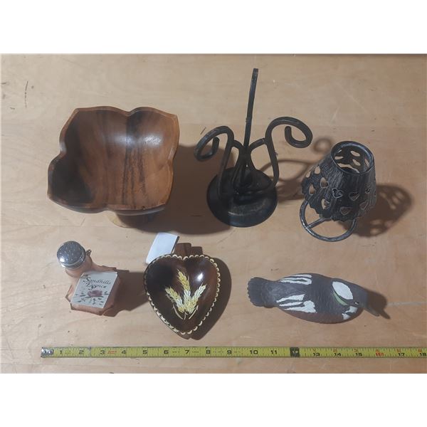 Collection of vintage decorative metalware and wooden items includes assorted candle holders, a tabl