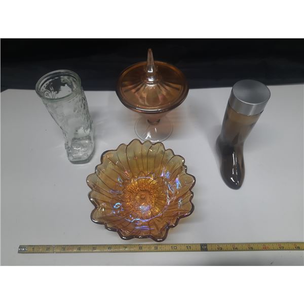 Vintage Glass Items, centered around an iridescent marigold Indiana Carnival Glass sunflower Bowl.