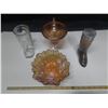 Image 1 : Vintage Glass Items, centered around an iridescent marigold Indiana Carnival Glass sunflower Bowl.