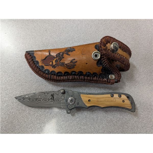 Browning Fold out 4" Blade Knife w/ Leather Sheaf w/ Deer Deisgn