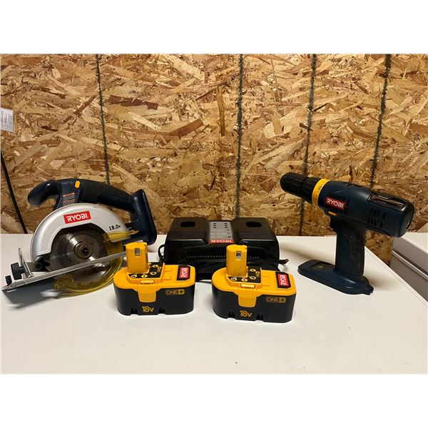 Ryobi Drill, 5 1/2'' Circ Saw, Charger, 2 Batteries (tested and working)