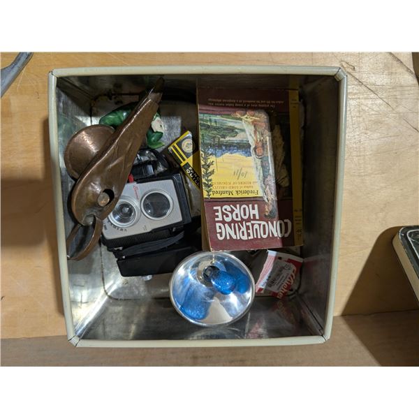 9"x9"x4" Tin w/ Misc. Vintage Items