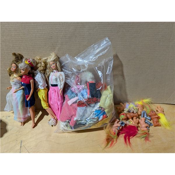 Lot of Vintage Russ Troll Dolls and Barbie dolls w/ Clothes