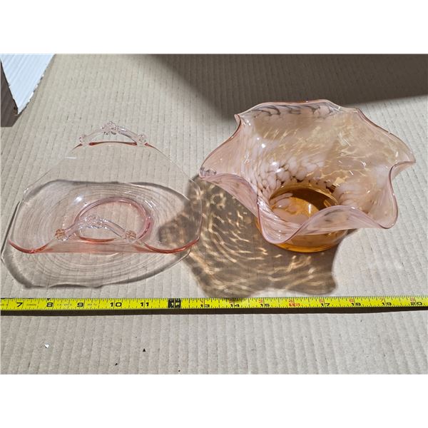2 pink glass dishes- 1 is hand blown