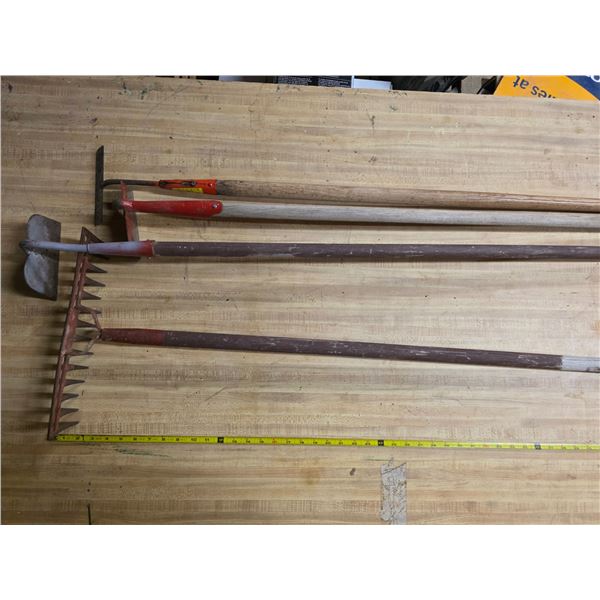 1 rake and 3 hoes