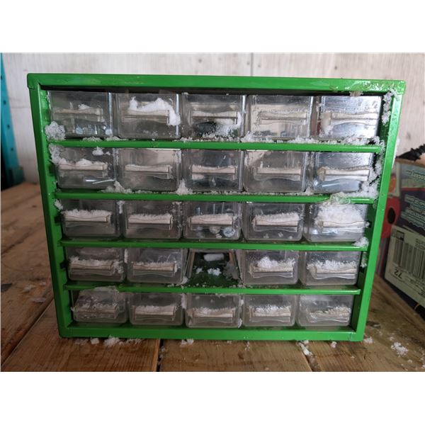 10"x12" Tin Metal Tool Part Storage W/ Misc. Parts