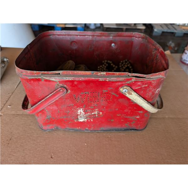 Vintage Red Picnic Box w/ misc. Tool Parts (Chains Bolts, and etc.)