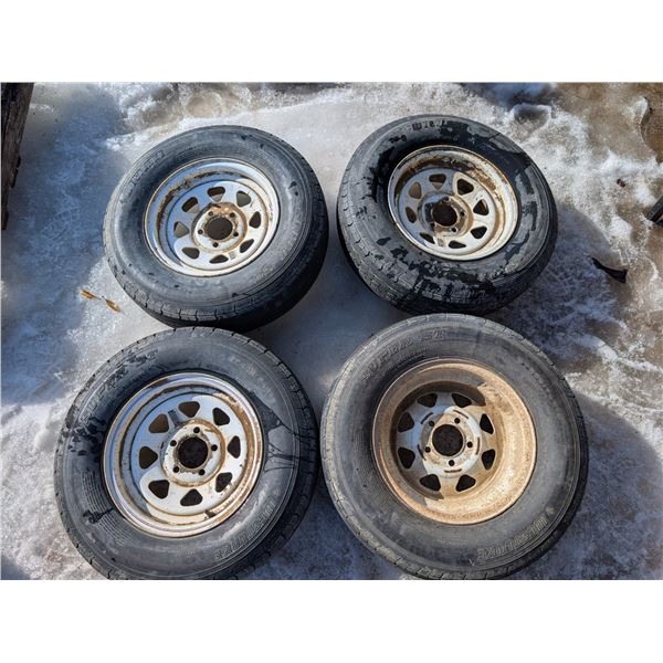Set of (4) Trailer tires on rims 205/75 R14 (2) show wear