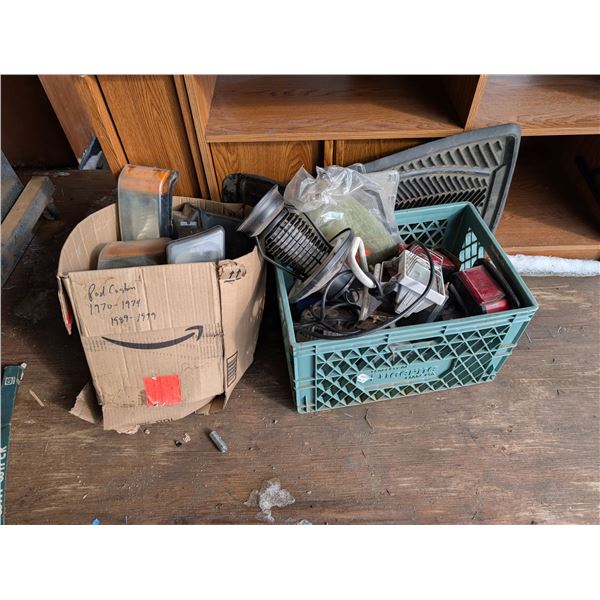 Green Crate/ Box full of Head lights, Misc. Tool items, and etc.