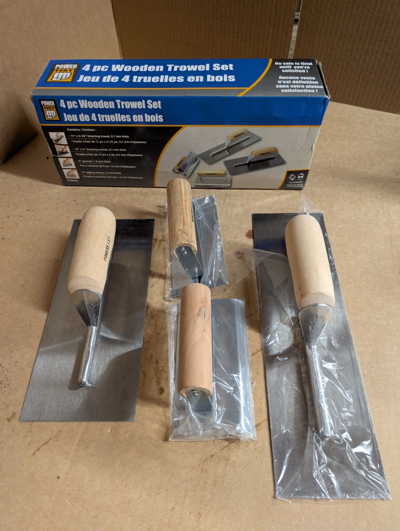 Trowel Box Power Fist 4pc Wooden Trowel Set (Possible New in Box) - Schmalz Auctions