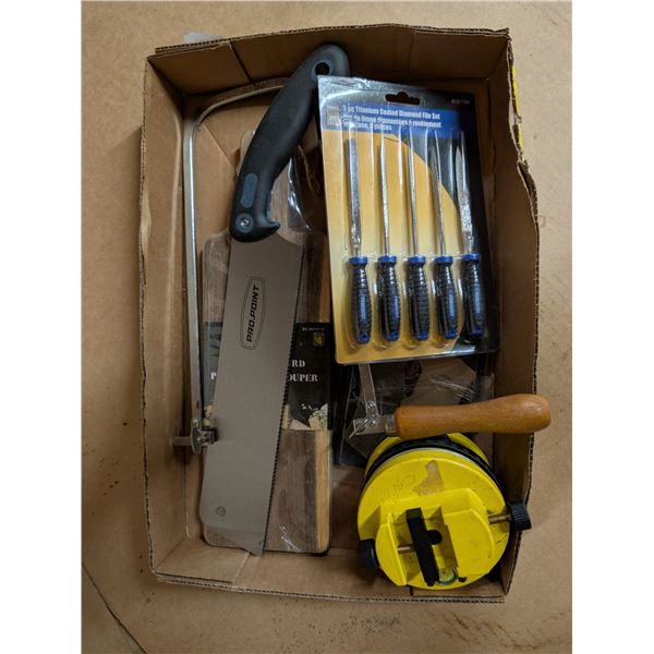 Box of Misc. Tools (Saw, 5pc Titanium Coated File Set, and etc.)