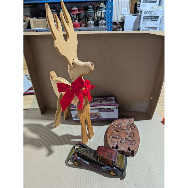 (3) Wood Decor Items (Reindeer, Owl, and 12" Wooden Car)