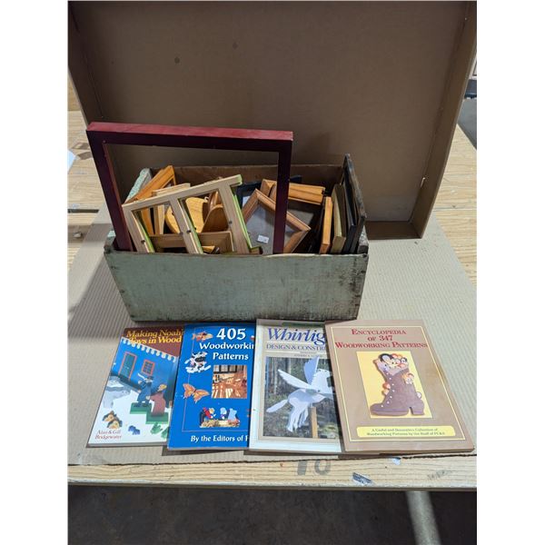 Wood Box of Misc. Wooden Frames, Wood Working Books, and etc.
