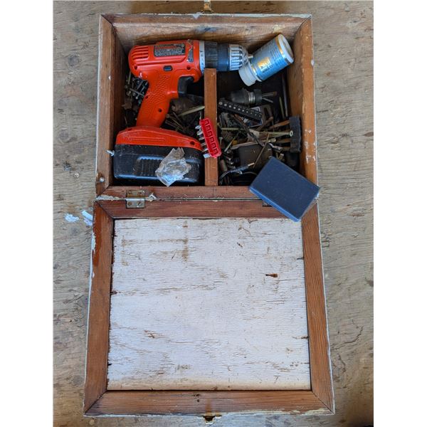 Wood Storage Carry box W/ Cordless 18V Drill (Works) and Misc. Tool Parts