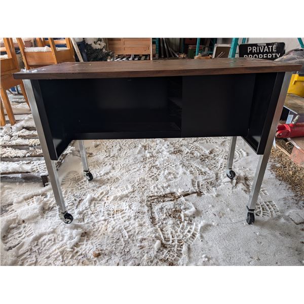 Rolling Wood/Tin Metal Work Desk 36"x26"x18"