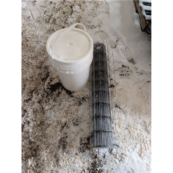 Coil of possible Wire Fence For Land/Gardens and Pail