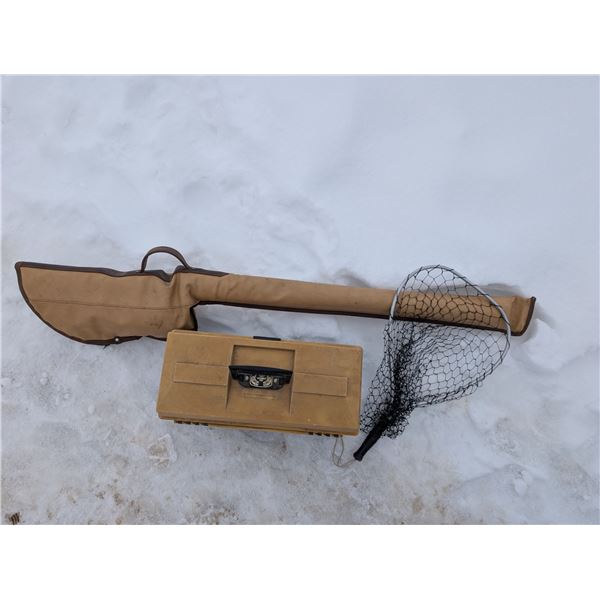 Lot of Fishing Items (Tackle Box, Fishing Net, and Fishing Rod w/ Case)