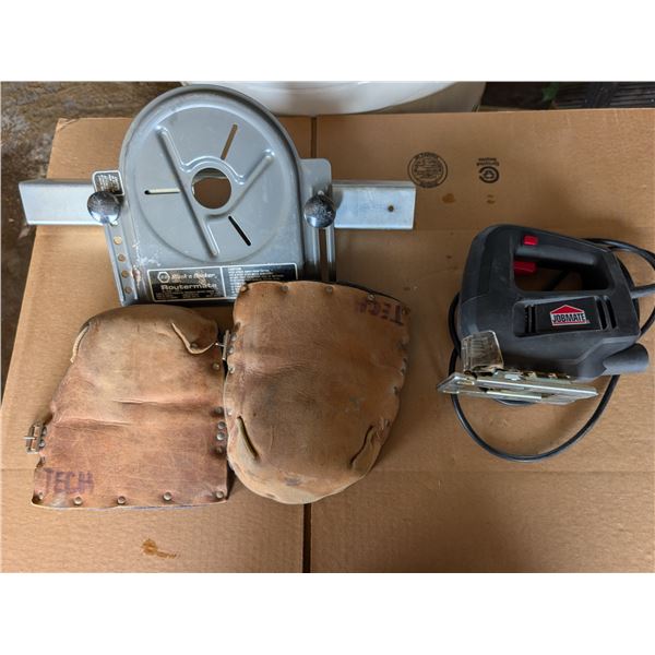 Lot of Tool Items 9Job Mate Jig Saw/Knee Pads, and Black and Decker Router Mate)