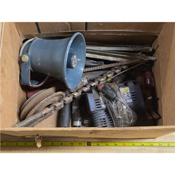 Box of misc tools, drill bits, speaker