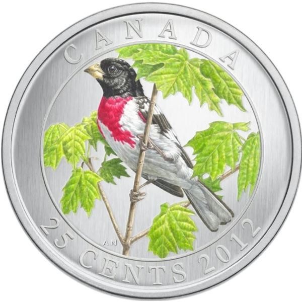 2012 25 CENT BIRDS OF CANADA ROSE BREASTED GROSBEAK