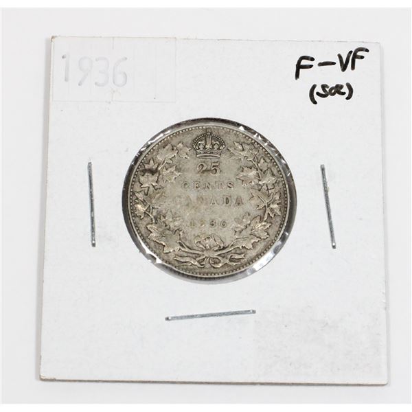 1936 CANADA 25 CENT SILVER COIN 0.15-OZ SILVER
