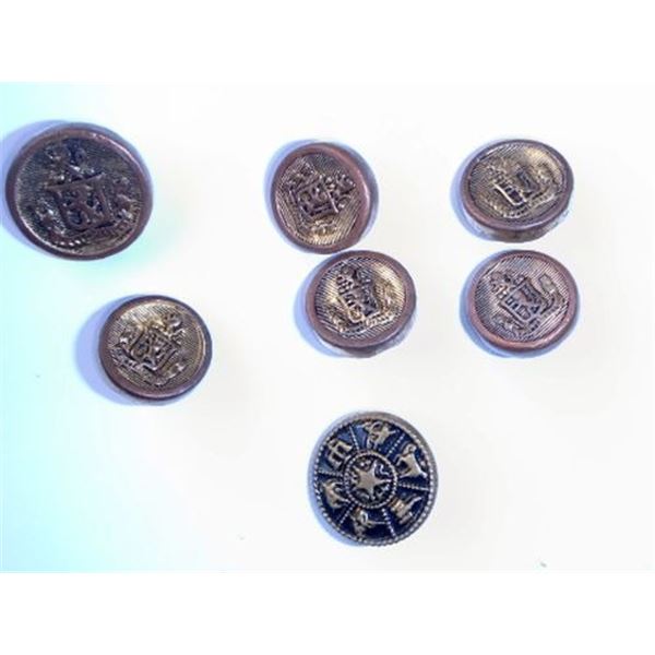 7 METAL BUTTONS. ONE ZODIAC, 6 MILITARY?