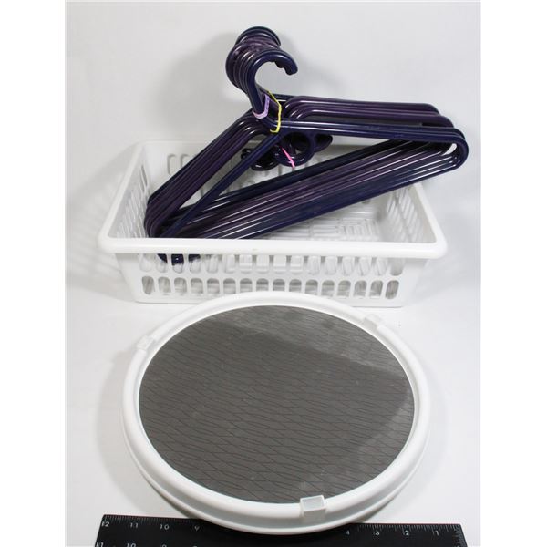 LAZY SUSAN, CLOTHES HANGERS, BASKET