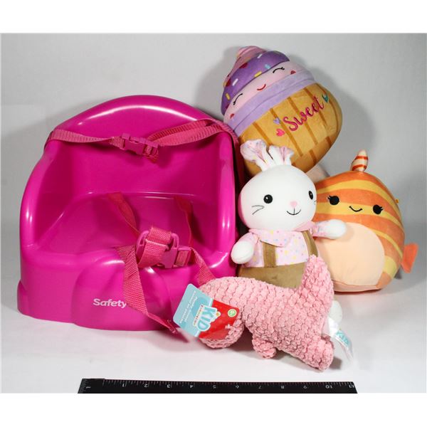 BOX OF BABY ITEMS, BABY SEAT, STUFFED TOYS,