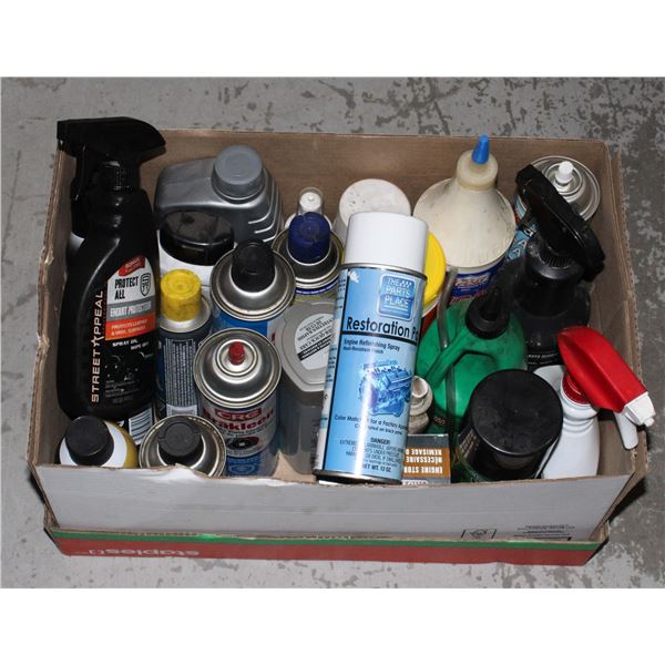 BOX OF ASSORTED SHOP/ GARAGE CHEMICALS, ALL USED