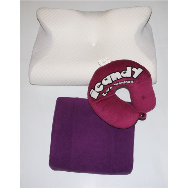 THREE SPECIALTY PILLOWS, NOT NEW, SOLD AS IS