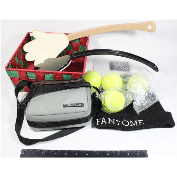 BOX OF MISC ITEMS INCL. NEW TENNIS BALLS & MORE