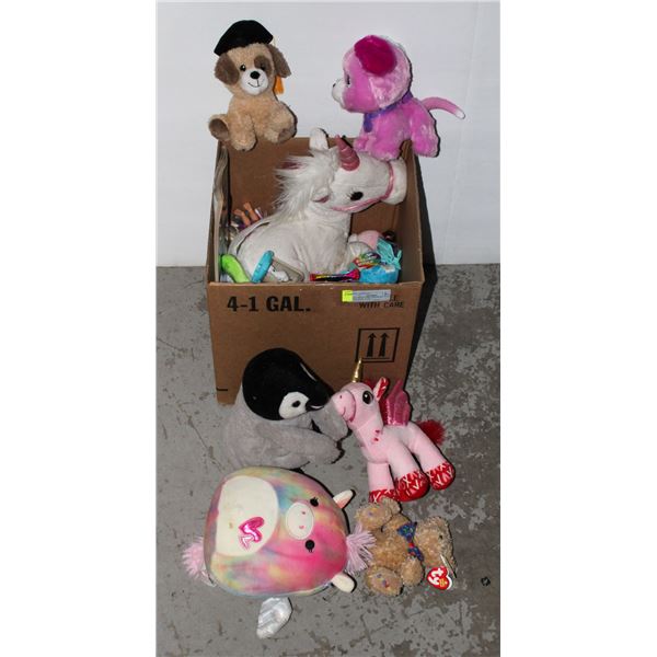 BOX OF 10+ GIRLS STUFFIES, TOYS, COLORING BOOK