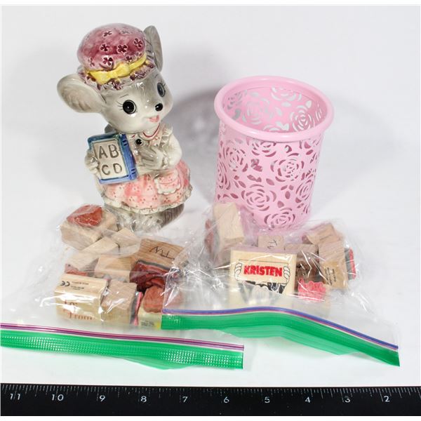 CERAMIC MOUSE TEACHER COIN BANK AND INK STAMPS