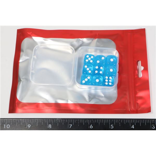 NEW 9 PC SET SIX SIDED SKY BLUE DICE IN CARRYING